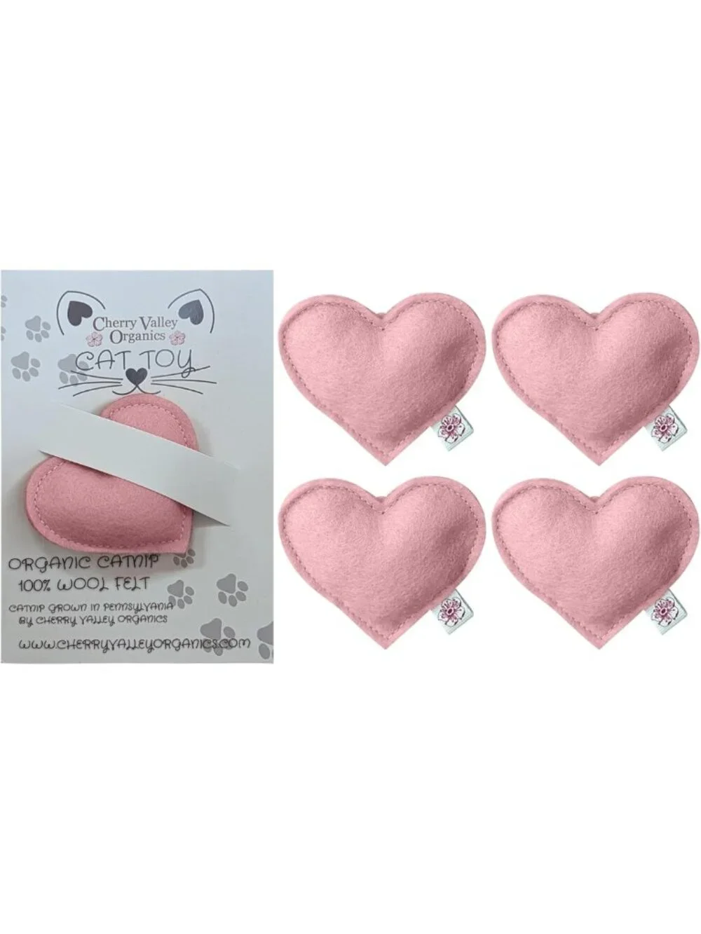 Organic Catnip Heart Toys - 100% Wool Felt, USA-Made, Pink, 4 Pack for Cats